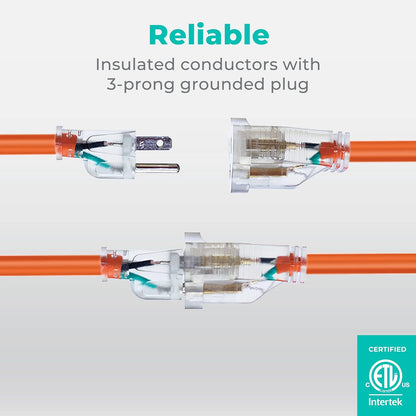 50Ft 16AWG Outdoor Extension Cord, SJTW 16/3 Lighted Power Cord, Bright Orange, ETL Certified (50Ft/15.24M)