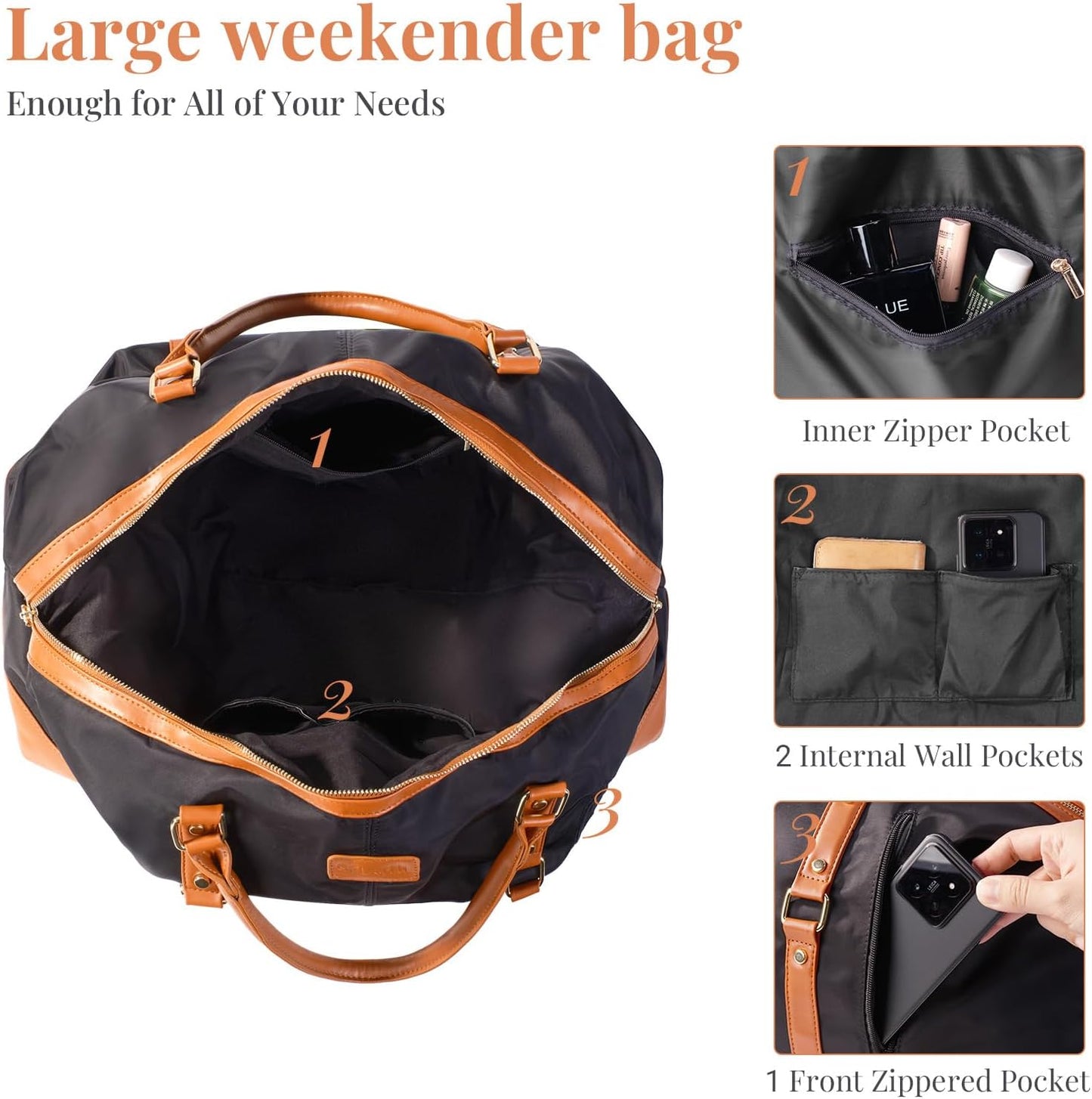 Duffle Bag Smooth Nylon Leather Weekender Overnight Travel Carry on Bag