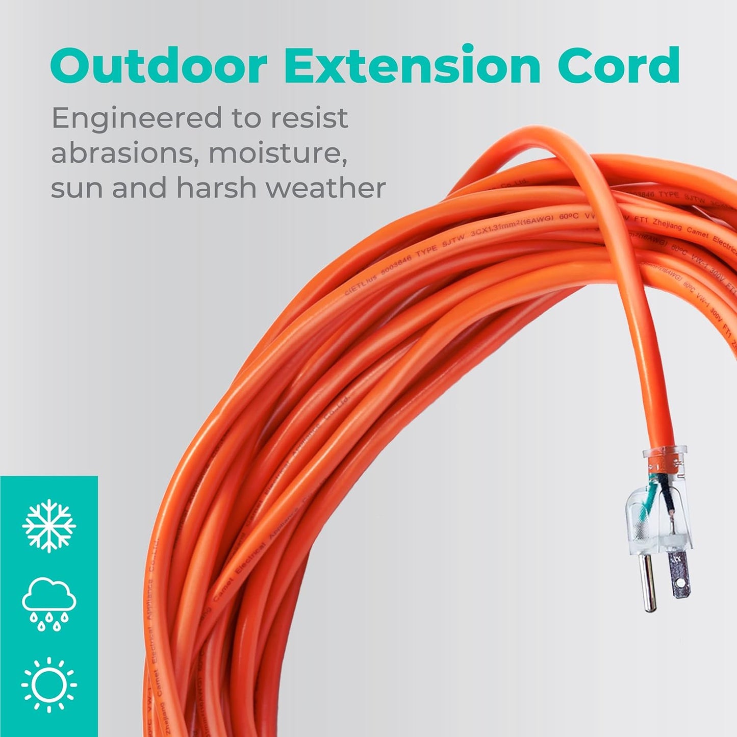 50Ft 16AWG Outdoor Extension Cord, SJTW 16/3 Lighted Power Cord, Bright Orange, ETL Certified (50Ft/15.24M)
