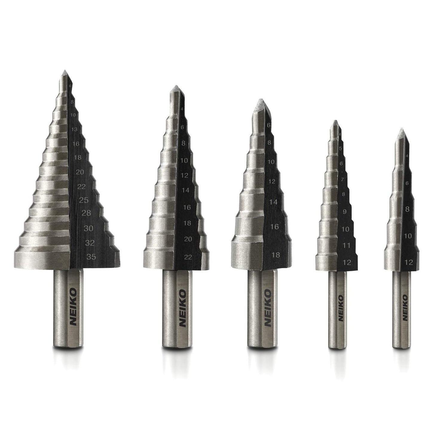 10198A Step Drill Bit Set | 5 Piece, 4Mm- 35Mm | Metric Titanium High Speed Steel Unibit, Stepper Cone Drill Bit | Two Flute Step down Bits, 135 Degree Point