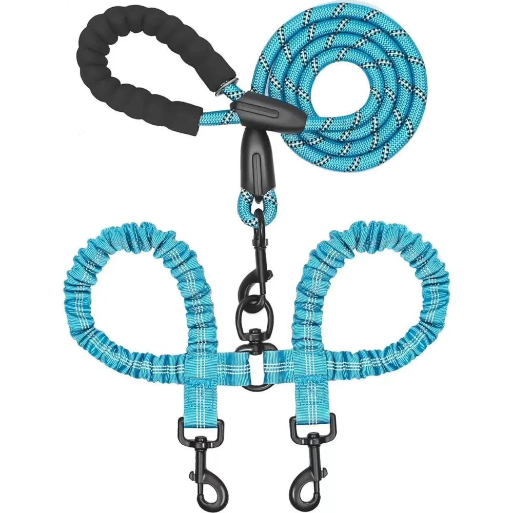 FlexiWalk™ Shock-Absorbing Double Dog Leash – Nylon, Stretchable, Anti-Winding for Comfortable Walks