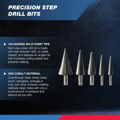 10198A Step Drill Bit Set | 5 Piece, 4Mm- 35Mm | Metric Titanium High Speed Steel Unibit, Stepper Cone Drill Bit | Two Flute Step down Bits, 135 Degree Point