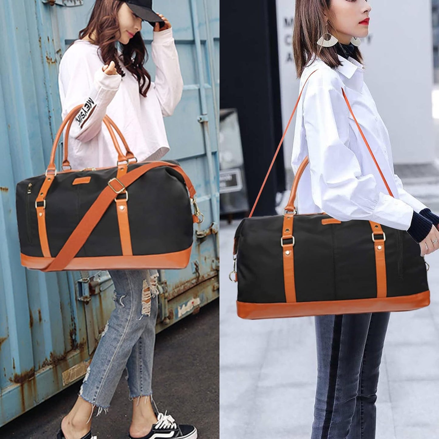 Duffle Bag Smooth Nylon Leather Weekender Overnight Travel Carry on Bag