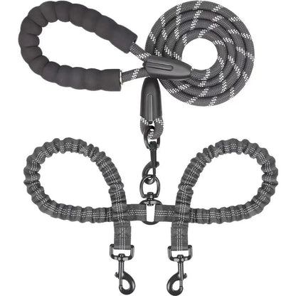 FlexiWalk™ Shock-Absorbing Double Dog Leash – Nylon, Stretchable, Anti-Winding for Comfortable Walks